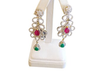 Vintage Jeweled Glass Dangle Pierced Earrings (A2723)