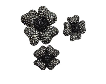 Vintage Signed Carlisle Pave Rhinestone Flower Brooch & Earrings Set (A1202)