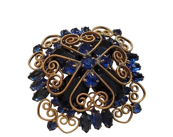 Vintage Beauty Royal Blues Rhinestone And Brass Filigree Domed Brooch (A9014)