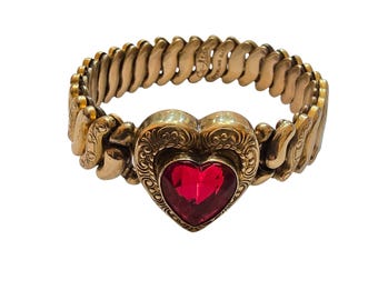 Vintage 1940s Co Star Sterling Base Glass Heart Sweetheart Expansion Bracelet