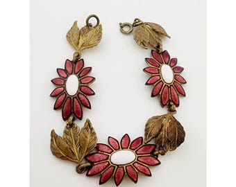 Stunning Antique Enamel And Brass Flower And Leaf Bracelet (A3404)