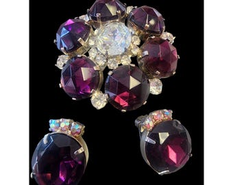 Stunning Vintage Faceted Glass & Rhinestone Brooch With Matching Earrings (A5692)