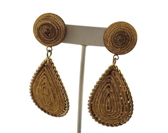 Vintage 80 Cord And Metal Abstract Clip Ons Earrings (A6311)