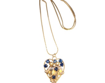 Vintage Gold Filled Heart Leaf Rhinestone Pendant Necklace (A4038)