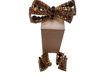Vintage Signed Schiaparelli 2 Tones Rhinestone Bow Brooch & Earrings (A2862)
