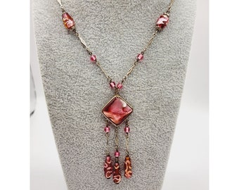 Antique Czech Pink Art Deco Foil & Wedding Cake Dangle Pendant Necklace (A466)