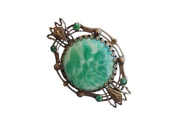 Antique Mottled Glass & Brass Early Brooch (A2493)