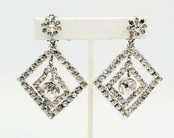 Vintage 80's Rhinestone Diamond Shape Dangling Runway Clip Earrings (A142)
