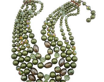 Unique DeMario Faux Pearl, Glass and Crystal 5 Strand Necklace (A4904)