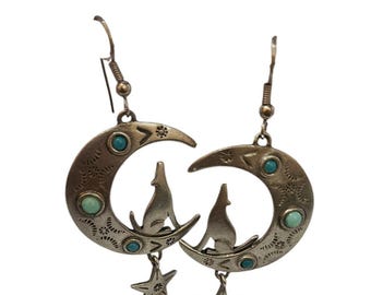 Signed JJ 1988 Cat Moon & Star Dangling Earrings (A5775)