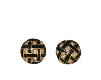 Vintage 80s Signed Roman Enamel and Rhinestone Clip Earrings (A9323)