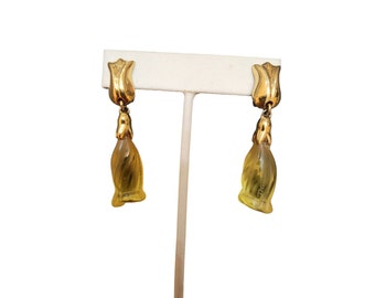 Vintage Rare Signed Daum Nancy French Molded Glass Earrings In Pate Yellow A3678