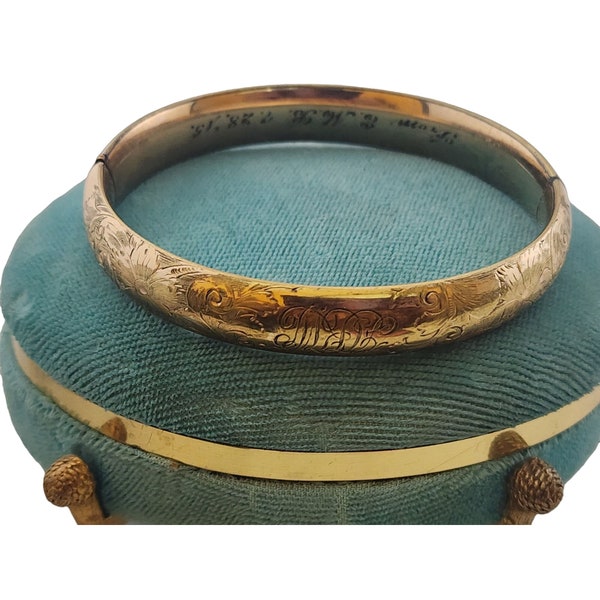 Antique 1915 Floral Etched Gold Filled Bangle Bracelet With Initials (A2867)