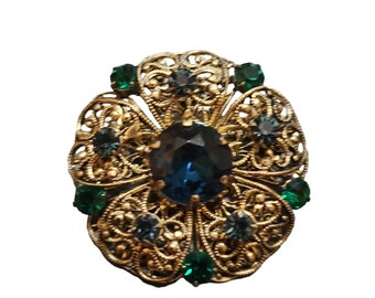 Vintage Signed Czecho Brass Filigree Rhinestone Brooch (A2348)