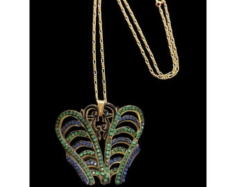 Vintage Reworked Celluloid Rhinestone Pendant Necklace on Figaro Chain (A4456)