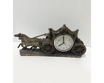 Antique United Electric Two Horses & Carriage Pewter Made In USA Mantel Clock
