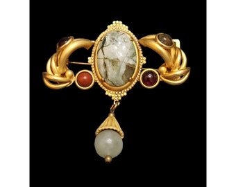 Unsigned Verified Natasha Stambouli 24kt Gold Plated Semi Precious Dangle Brooch