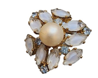 Vintage Signed West Germany Givre Glass & Pearl Brooch (A1928)