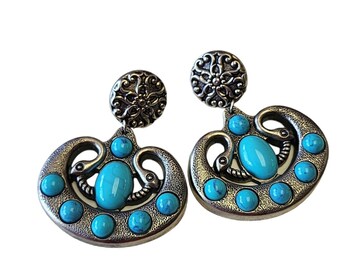 Vintage 80s Faux Metal & Faux Turquoise Snake Dangle Clip Earrings (A2222)