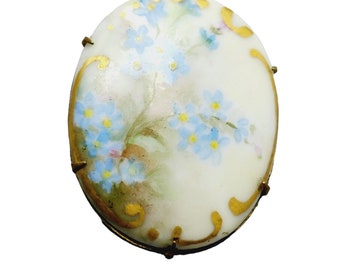 Antique Porcelain Over Brass Forget Me Not Brooch (A1373)