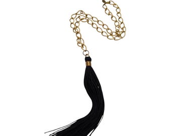 Vintage Signed Bee Charming NOS Black Silk Cord Huge Tassel Link Chain Necklace