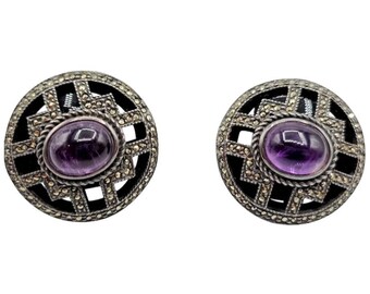 Vintage Artisan Sterling Marcasite Amethyst And Glass Pierced Earrings (A2615)
