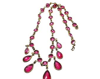Vintage Pink Riviere Art Deco Teardrop Glass & Round Stones Necklace (A1497)