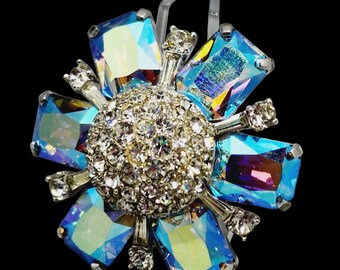 Stunning Vintage Signed Jomaz Rare Mirrored Ab Rhinestone Domed Brooch (A1099)