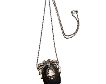 Vintage Sterling & Glass Molded Art Deco Pendant Necklace (A4425)
