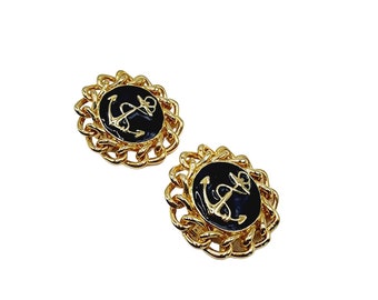 Vintage 80s Enamel Anchor Chain Link Earrings (A1220)