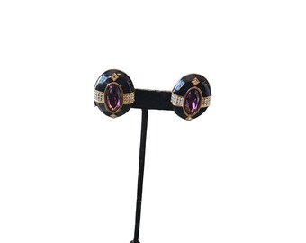 Vintage Signed Swarovski Enamel Jeweled Clip Earrings (A3002)
