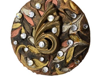 Vintage Signed Painted Wood? 80s Brooch Signed (A8112)