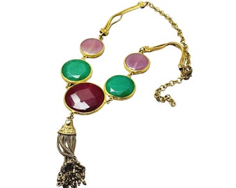 Unusual Faceted Spinal Tourmaline Disc Tassel Necklace (A1437)