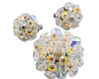 Vintage Signed Vendome AB Crystal Brooch & Clip Earring Set (A7411)