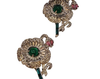 VTG Rare Signed LB For Kantor & Singer Art Deco Rhinestone Glass Dress Clip Set