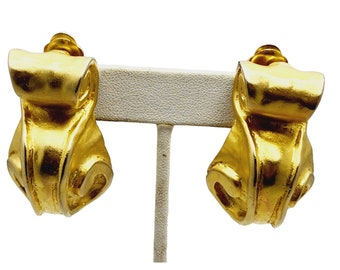 Vintage 80s Heavy Designer Quality Large Matte Gold Abstract Earrings (A1046)
