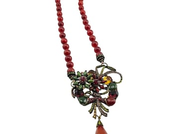 Vintage Enameled Jeweled Floral Pendant Glass on Beaded Chain Necklace (A8775)