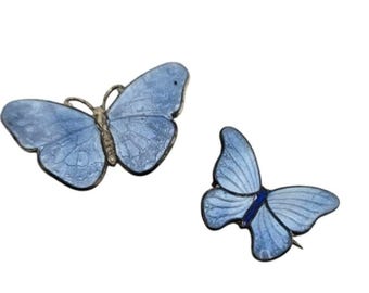 Vintage Enamel Blue Butterfly Brooch Set - Pair Of Metal Pins (A8109)