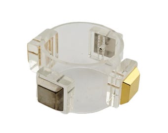 Rare Unsigned Julie Rubano Wide Lucite Cuff Bracelet With 2 Raised Metal Squares