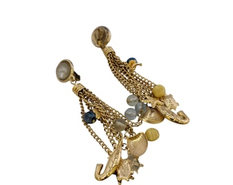 Vintage 80s Chain and Beaded Sealife Dangle Clip Earrings (A9105)