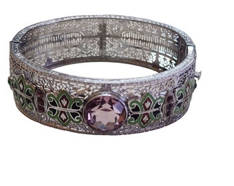 Vintage Exceptional Deco/Edwardian Filigree Enamel Glass Bangle Bracelet (A3844)