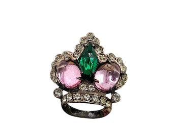 Vintage Sterling Rhinestone And Glass Crown Brooch (A7072)