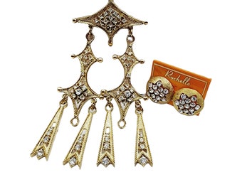 Vintage Gold & Rhinestone Dangle Necklace Earrings on Rochelle Card (A689)
