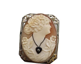 Antique Victorian 14kt Gold Diamond Stunning Cameo Brooch Pendant (A5283)