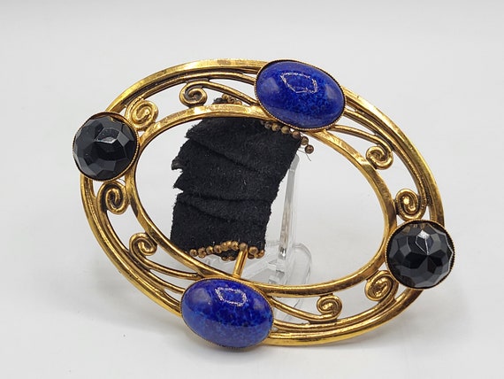 Huge Vintage Buckle W/ Prong Set Lapis Glass & Jet Faceted  display picture 3