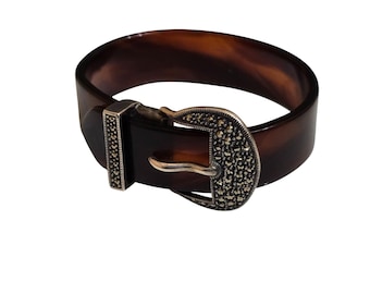 Vintage Faux Tortoise With Marcasite Buckle Bracelet (A9427)