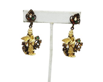 Vintage Geisha Enameled & Rhinestone Screw Back Earrings (A1044)
