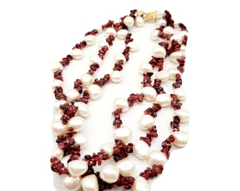 Vintage Estate Cultured Baroque Pearls Garnet Necklace w/ 14kt Gold Clasp A2671