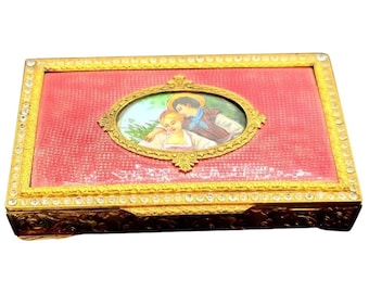 Wonderful Guilloche Gilt Rhinestone Scene Trinket Box (A2612)