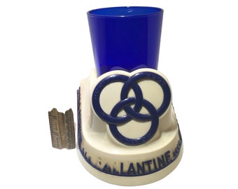 Vintage Ballantine Beer Ale Lager Advertising Blue Glass Cup & Beer Holder A5010